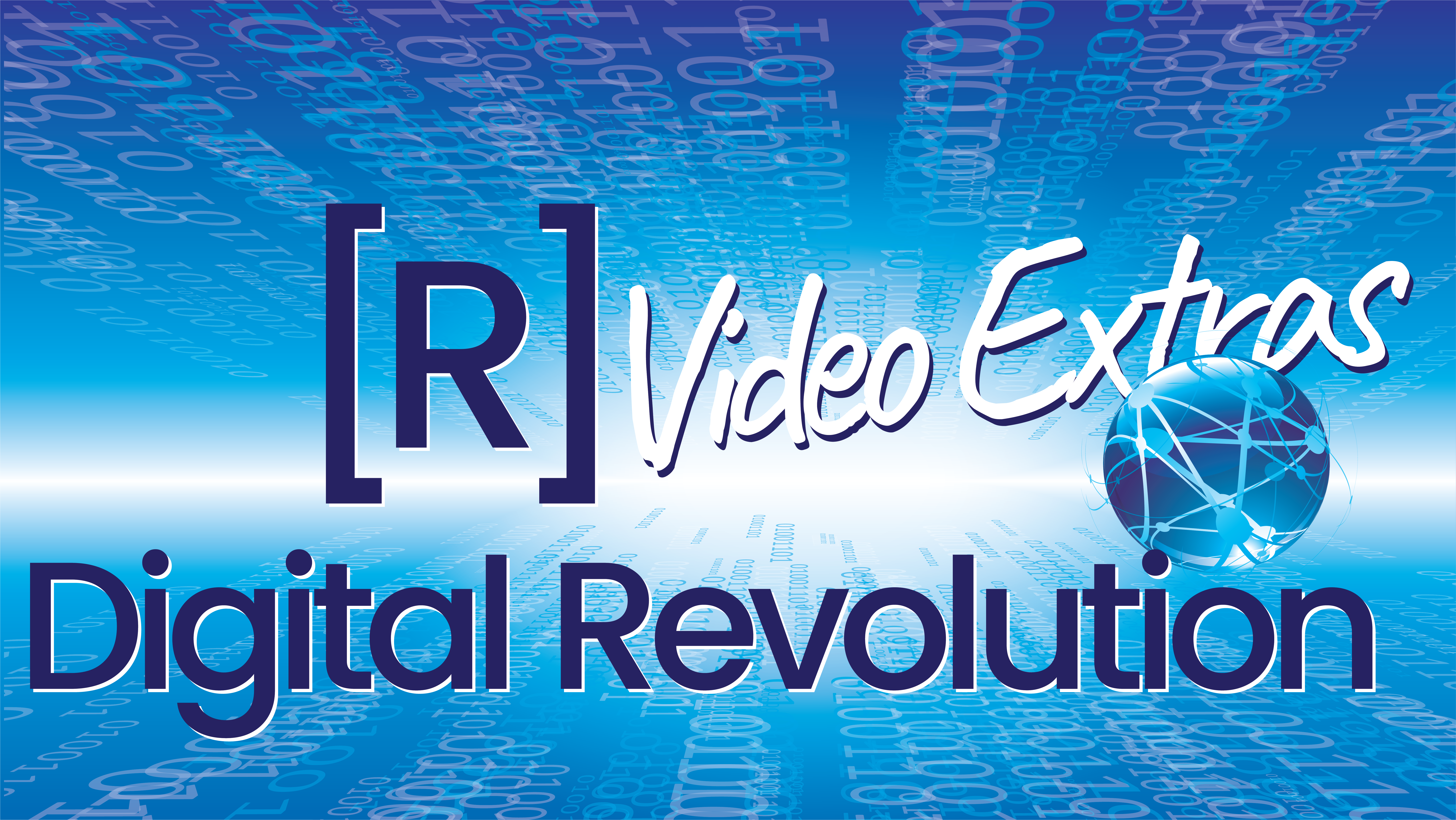 Blue globe on a technological background promoting the digital revolution podcast video extra series.
